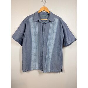 Cubavera Button Down Mens XL Blue Linen Cotton Blend Camp Shirt Tropical Panel